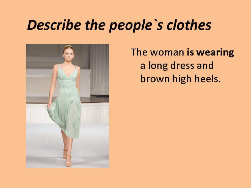 Describe the people`s clothes The woman is wearing a long dress and  brown